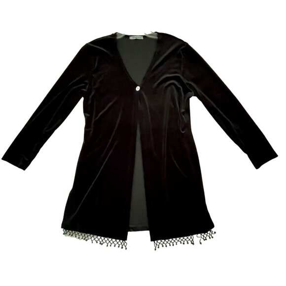 Glamorous Black Velvet Duster Cardigan Jacket With Single Button and Beaded Hem - Picture 2 of 9